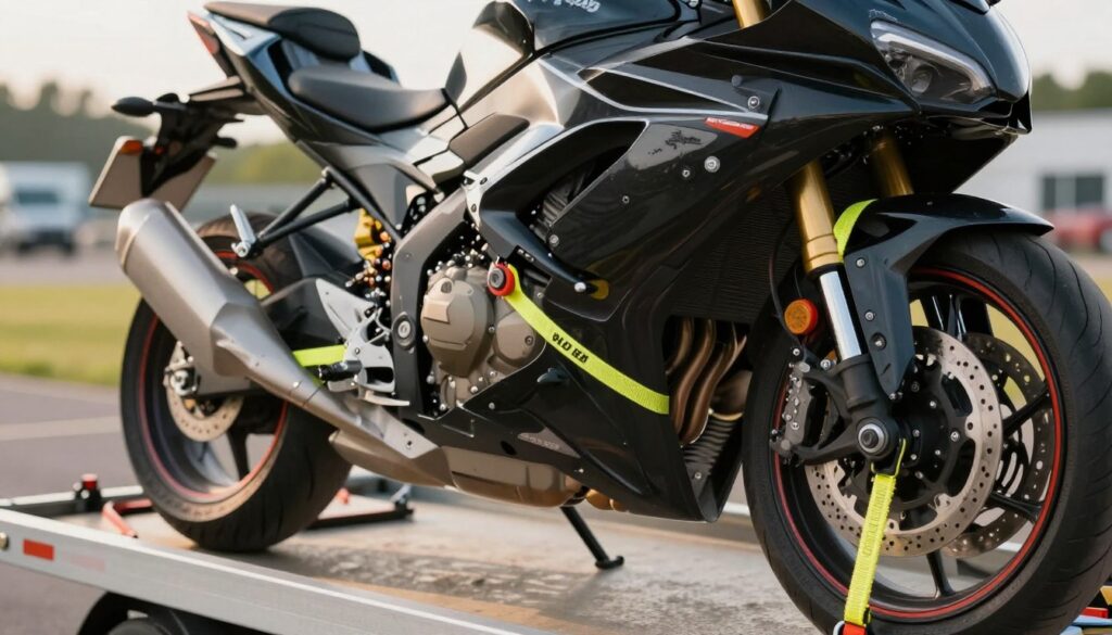 A detailed close-up image of a motorcycle being securely mounted on a trailer. In the foreground, focus on the various straps and tie-downs in vivid colors, showcasing their secure connection points on the motorcycle and trailer. The middle ground features the motorcycle itself, gleaming under soft, natural daylight, emphasizing its sleek design and prominent features. The background displays a transport scene, perhaps a grassy area or a parking lot with faint outlines of distant vehicles, ensuring the setting feels realistic yet not distracting. Capture the mood of careful preparation and safety, with a warm, inviting glow. Use a slightly tilted angle to evoke a dynamic perspective, akin to a professional automotive magazine shoot. A detailed close-up image of a motorcycle being securely mounted on a trailer. In the foreground, focus on the various straps and tie-downs in vivid colors, showcasing their secure connection points on the motorcycle and trailer. The middle ground features the motorcycle itself, gleaming under soft, natural daylight, emphasizing its sleek design and prominent features. The background displays a transport scene, perhaps a grassy area or a parking lot with faint outlines of distant vehicles, ensuring the setting feels realistic yet not distracting. Capture the mood of careful preparation and safety, with a warm, inviting glow. Use a slightly tilted angle to evoke a dynamic perspective, akin to a professional automotive magazine shoot.