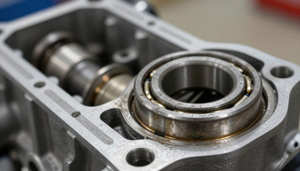 A detailed close-up image of a worn engine bearing, showcasing signs of wear and tear such as scratches, discoloration, and unusual wear patterns. In the foreground, focus on the bearing with clear, textured details to highlight the damage. In the middle ground, incorporate a context of the engine block with other mechanical components partially visible, suggesting a complex engine assembly. The background should be slightly blurred to keep attention on the bearing, with soft, industrial lighting casting subtle shadows, evoking a serious investigation into engine health. The atmosphere should feel technical and analytical, underscoring the importance of understanding engine component wear for prevention of severe mechanical failure. A detailed close-up image of a worn engine bearing, showcasing signs of wear and tear such as scratches, discoloration, and unusual wear patterns. In the foreground, focus on the bearing with clear, textured details to highlight the damage. In the middle ground, incorporate a context of the engine block with other mechanical components partially visible, suggesting a complex engine assembly. The background should be slightly blurred to keep attention on the bearing, with soft, industrial lighting casting subtle shadows, evoking a serious investigation into engine health. The atmosphere should feel technical and analytical, underscoring the importance of understanding engine component wear for prevention of severe mechanical failure.
