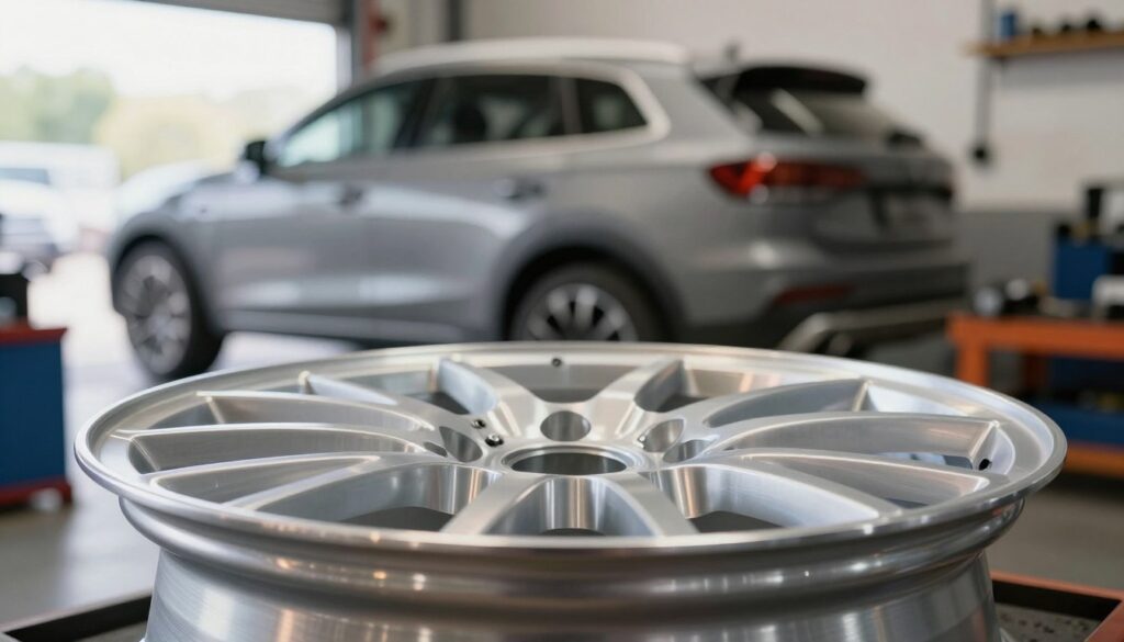 A detailed close-up of a 16-inch aluminum wheel rim, showcasing its sleek design and intricate patterns in the metallic finish. The foreground features the rim prominently, with a focus on its shimmering surface reflecting a soft, warm light. In the middle ground, a blurred backdrop of a vehicle parked in a well-lit workshop, emphasizing the theme of automotive design. The background includes tools and machinery subtly suggested to enhance the atmosphere of craftsmanship and precision. Natural daylight streams in through a nearby window, creating a bright and inviting ambiance that illustrates the importance of weight in wheel performance. The composition should evoke a sense of professionalism and expertise in automotive engineering, with no text or distractions present. A detailed close-up of a 16-inch aluminum wheel rim, showcasing its sleek design and intricate patterns in the metallic finish. The foreground features the rim prominently, with a focus on its shimmering surface reflecting a soft, warm light. In the middle ground, a blurred backdrop of a vehicle parked in a well-lit workshop, emphasizing the theme of automotive design. The background includes tools and machinery subtly suggested to enhance the atmosphere of craftsmanship and precision. Natural daylight streams in through a nearby window, creating a bright and inviting ambiance that illustrates the importance of weight in wheel performance. The composition should evoke a sense of professionalism and expertise in automotive engineering, with no text or distractions present.