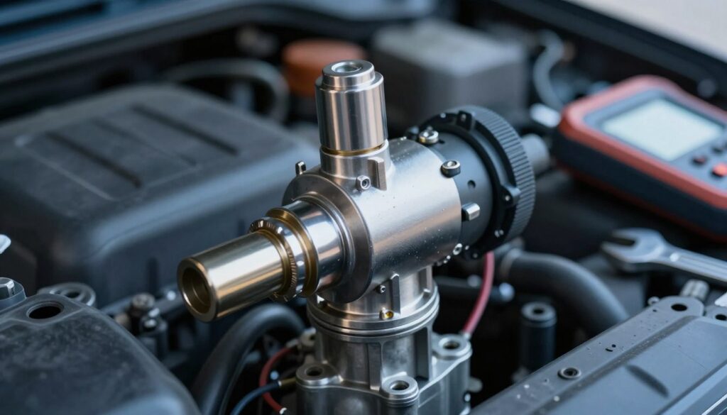 A detailed close-up of a NOx sensor, showcasing its metallic components and intricate wiring. The sensor is mounted within an engine compartment, with various engine parts blurred in the background to create depth. Subtle lighting highlights the metallic textures, casting soft shadows that accentuate the sensor's features. A wrench and diagnostic tool can be faintly visible nearby, suggesting an ongoing inspection. The atmosphere is technical and professional, embodying an industrial setting, with cool tones of blue and gray to convey precision and functionality. The image should evoke a sense of focus on the importance of the NOx sensor's role in vehicle performance and emissions control, free from any extraneous elements such as text or watermarks. A detailed close-up of a NOx sensor, showcasing its metallic components and intricate wiring. The sensor is mounted within an engine compartment, with various engine parts blurred in the background to create depth. Subtle lighting highlights the metallic textures, casting soft shadows that accentuate the sensor's features. A wrench and diagnostic tool can be faintly visible nearby, suggesting an ongoing inspection. The atmosphere is technical and professional, embodying an industrial setting, with cool tones of blue and gray to convey precision and functionality. The image should evoke a sense of focus on the importance of the NOx sensor's role in vehicle performance and emissions control, free from any extraneous elements such as text or watermarks.