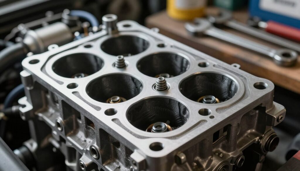 A detailed close-up of a car engine with a focus on the cylinder head gasket in the foreground, showcasing its texture, layers, and intricate design. The middle layer features various engine components like bolts and coolant passages, highlighting the complexity of the assembly. In the background, slightly blurred, there are tools like wrenches and a mechanic’s workspace to provide context. Soft, natural lighting illuminates the scene, creating shadows that emphasize the 3D shapes and contours of the gasket and engine parts. The overall mood is technical and serious, reflecting the challenges of a head gasket replacement. The composition is shot from a low angle to accentuate the detailed work involved in this demanding automotive repair task. A detailed close-up of a car engine with a focus on the cylinder head gasket in the foreground, showcasing its texture, layers, and intricate design. The middle layer features various engine components like bolts and coolant passages, highlighting the complexity of the assembly. In the background, slightly blurred, there are tools like wrenches and a mechanic’s workspace to provide context. Soft, natural lighting illuminates the scene, creating shadows that emphasize the 3D shapes and contours of the gasket and engine parts. The overall mood is technical and serious, reflecting the challenges of a head gasket replacement. The composition is shot from a low angle to accentuate the detailed work involved in this demanding automotive repair task.