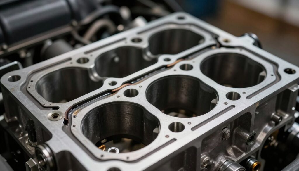 A detailed close-up of a car engine's cylinder head gasket, prominently featuring its intricate design and material texture, with visible seals and edges. The foreground showcases the gasket in sharp focus, revealing the fine precision and craftsmanship of the sealing surfaces. In the middle ground, slightly blurred, is the engine block with an overall metallic finish, highlighting wear and potential areas of failure. The background is softly lit with dim, ambient lighting that enhances the mechanical atmosphere, creating shadows and depth. The lens angle is slightly low, adding a sense of importance to the image. The mood is technical and analytical, reinforcing the theme of engine failure diagnostics without any distractions or text. A detailed close-up of a car engine's cylinder head gasket, prominently featuring its intricate design and material texture, with visible seals and edges. The foreground showcases the gasket in sharp focus, revealing the fine precision and craftsmanship of the sealing surfaces. In the middle ground, slightly blurred, is the engine block with an overall metallic finish, highlighting wear and potential areas of failure. The background is softly lit with dim, ambient lighting that enhances the mechanical atmosphere, creating shadows and depth. The lens angle is slightly low, adding a sense of importance to the image. The mood is technical and analytical, reinforcing the theme of engine failure diagnostics without any distractions or text.