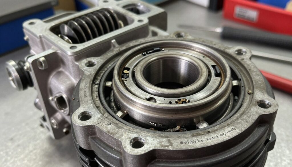 A detailed close-up of a damaged automotive air conditioning compressor clutch, showcasing a worn and frayed "łożysko koła pasowego" (pulley bearing) visibly corrupted with debris and grease. The foreground highlights intricate details of the clutch assembly, capturing textures of metal, rubber seals, and the irregularities of the bearing surface. In the middle ground, a partially disassembled compressor reveals additional components like the rotor and housing. The background features a soft-focus automotive workshop environment, with tools and equipment subtly blurred out. The lighting is bright and well-defined, creating reflections that enhance the metallic surfaces, conveying a technical and informative atmosphere suitable for a diagnostic context.