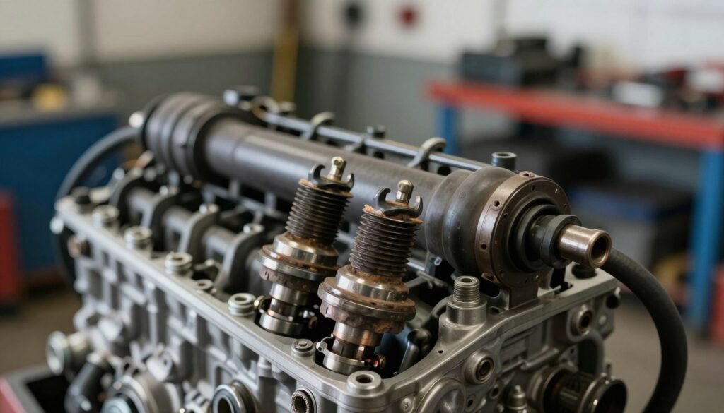 A detailed close-up of a diesel engine's components, prominently featuring a pair of worn-out glow plugs positioned in the foreground, with a diesel particulate filter (DPF) partially visible in the middle ground. The glow plugs should exhibit signs of wear and residue buildup, indicating inefficiency. In the background, a blurred industrial setting with soft ambient lighting, showcasing a workshop filled with automotive tools and equipment, creates a professional atmosphere. The image should be shot from a slight angle, emphasizing the texture of the components, while natural light filters in, casting soft shadows that enhance the mechanical details. The overall mood should be serious and informative, reflecting the technical nature of maintenance in diesel engines.