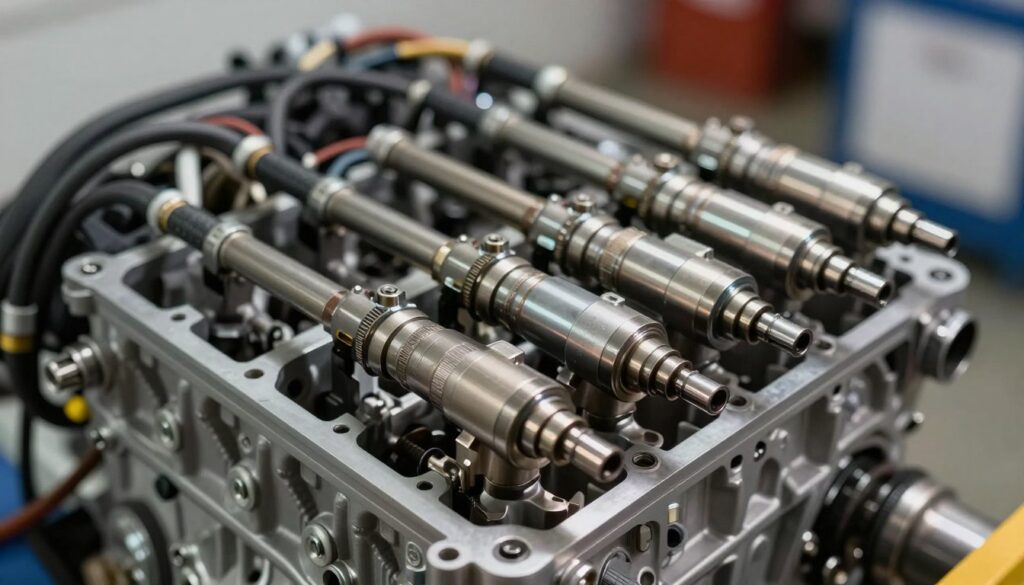 A detailed close-up of a diesel engine's fuel injector system, showcasing multiple fuel injectors arranged within the engine block. The foreground features a cluster of metallic injectors with intricate designs and fine details, highlighting their nozzles and connection points. The middle ground transitions into the engine's main components, such as pipes and wiring, rendered with a realistic, industrial texture. In the background, a blurred view of the engine’s overall structure, emphasizing the complex interplay of mechanical elements. The lighting is bright and focused, casting soft shadows to enhance the metallic surfaces, evoking a technical yet polished atmosphere. The angle captures a slight upward view to give depth, inviting viewers to explore the intricacies of the diesel fuel injection system.