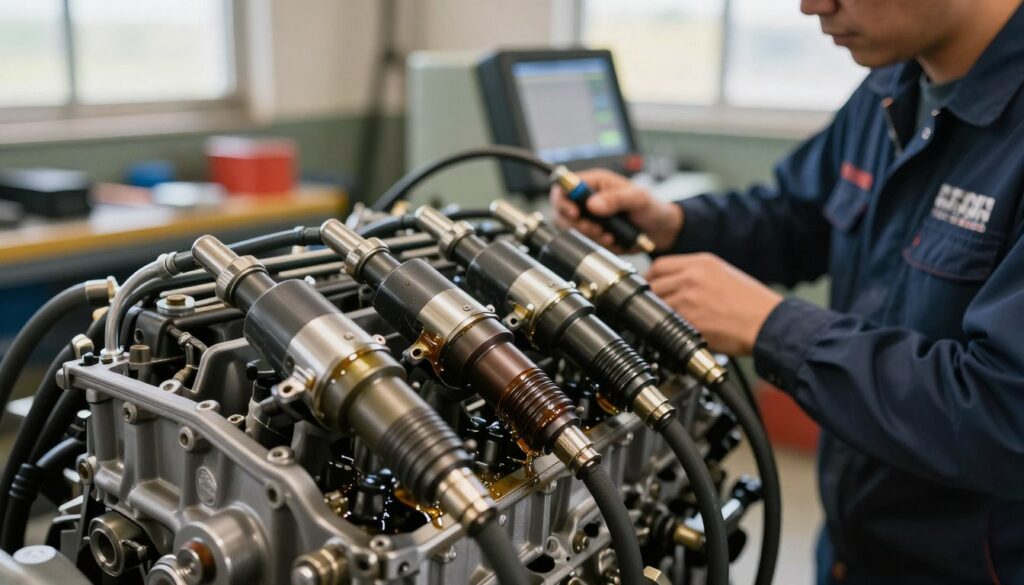 A detailed close-up of a diesel engine's injectors, showcasing their intricate design. In the foreground, focus on the high-pressure fuel injectors, glistening with oil and precision-engineered components. The middle ground reveals a technician in professional attire, using diagnostic equipment to assess the injectors, highlighting the maintenance aspect. In the background, softly blurred, is a well-lit workshop environment with tools and machinery, conveying a sense of professionalism and industry. Utilize natural daylight filtering through a window, creating a warm atmosphere, while soft shadows emphasize the depth and detail of the injectors. The composition should be shot at a slight angle to provide an engaging perspective, inviting viewers to appreciate both the technical intricacies and the importance of proper servicing in diesel engines.
