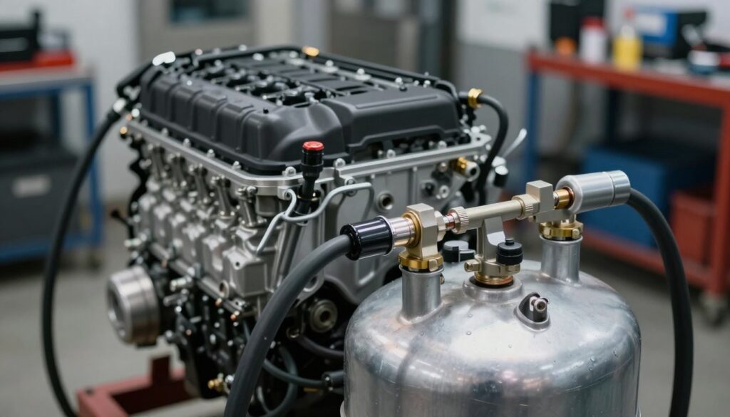 A detailed close-up of a gas installation setup for an Opel Insignia engine, showcasing the LPG components integrated around the engine. In the foreground, the LPG tank and its connections are prominently displayed, glistening under soft, diffused lighting to highlight their metallic textures. The middle ground features the engine with clear views of its fittings and parts, focusing on the seamless integration of the gas system. The background fades into a blurred workshop environment, emphasizing a professional setting filled with tools and automotive equipment. The overall mood is technical and informative, with a focus on precision and innovation in automotive engineering. The composition should capture the essence of modern gas installations, inviting viewers to explore the complexities of engine modification. A detailed close-up of a gas installation setup for an Opel Insignia engine, showcasing the LPG components integrated around the engine. In the foreground, the LPG tank and its connections are prominently displayed, glistening under soft, diffused lighting to highlight their metallic textures. The middle ground features the engine with clear views of its fittings and parts, focusing on the seamless integration of the gas system. The background fades into a blurred workshop environment, emphasizing a professional setting filled with tools and automotive equipment. The overall mood is technical and informative, with a focus on precision and innovation in automotive engineering. The composition should capture the essence of modern gas installations, inviting viewers to explore the complexities of engine modification.