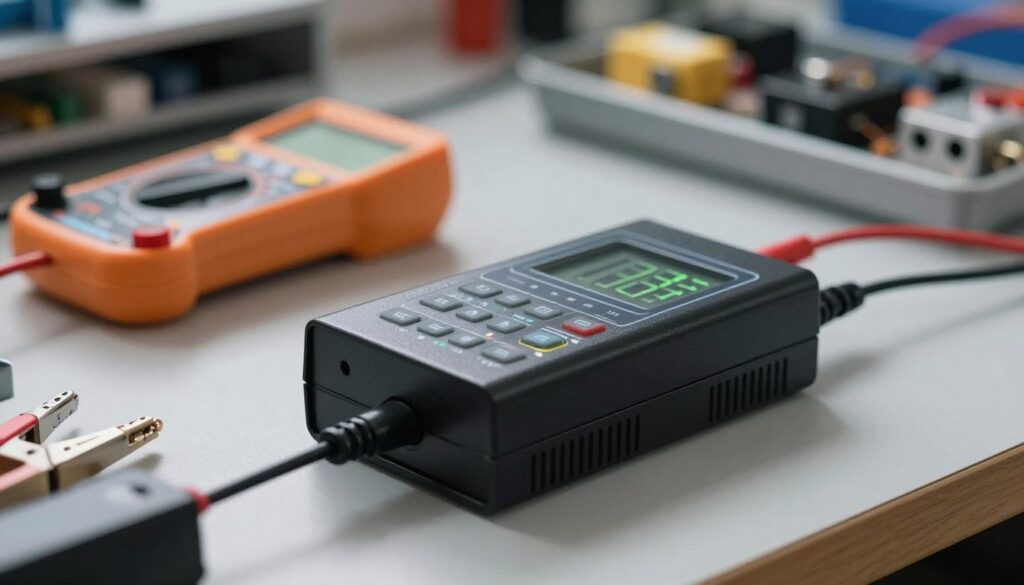 A detailed close-up of a microprocessor battery charger on a workbench, showcasing its modern design with sleek lines and LED indicators. In the foreground, the charger is prominently displayed, with visible buttons and a digital display showing charging status. The middle ground features tools like a multimeter and jumper cables, hinting at a professional environment. The background is softly blurred, revealing shelves filled with various electronic components and parts, creating a workshop ambiance. The scene is well-lit with soft, diffused lighting, casting gentle shadows to enhance the textures of the charger and tools. The overall mood is focused and technical, ideal for a hands-on approach to battery maintenance. A detailed close-up of a microprocessor battery charger on a workbench, showcasing its modern design with sleek lines and LED indicators. In the foreground, the charger is prominently displayed, with visible buttons and a digital display showing charging status. The middle ground features tools like a multimeter and jumper cables, hinting at a professional environment. The background is softly blurred, revealing shelves filled with various electronic components and parts, creating a workshop ambiance. The scene is well-lit with soft, diffused lighting, casting gentle shadows to enhance the textures of the charger and tools. The overall mood is focused and technical, ideal for a hands-on approach to battery maintenance.