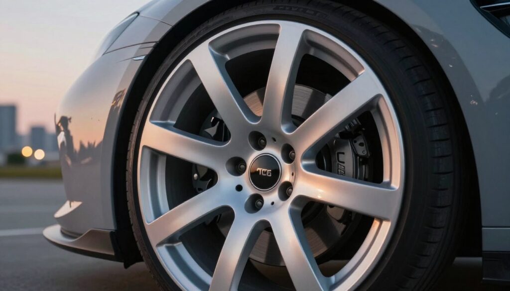 A detailed close-up of a modern, lightweight aluminum alloy wheel of 16 inches, showcasing its intricate design and polished finish. In the foreground, highlight the rim's shiny surface, reflecting ambient light. The middle ground features the wheel mounted on a sleek sports car, emphasizing its dynamic stance and sporty character. In the background, a blurred cityscape at dusk provides a subtle contrast with warm, glowing lights, enhancing the mood of performance and speed. The scene is illuminated with soft, natural lighting that highlights the contours and features of the wheel. This composition aims to convey the importance of unsprung mass in vehicle dynamics and driving comfort, capturing a sense of engineering excellence and automotive passion. A detailed close-up of a modern, lightweight aluminum alloy wheel of 16 inches, showcasing its intricate design and polished finish. In the foreground, highlight the rim's shiny surface, reflecting ambient light. The middle ground features the wheel mounted on a sleek sports car, emphasizing its dynamic stance and sporty character. In the background, a blurred cityscape at dusk provides a subtle contrast with warm, glowing lights, enhancing the mood of performance and speed. The scene is illuminated with soft, natural lighting that highlights the contours and features of the wheel. This composition aims to convey the importance of unsprung mass in vehicle dynamics and driving comfort, capturing a sense of engineering excellence and automotive passion.