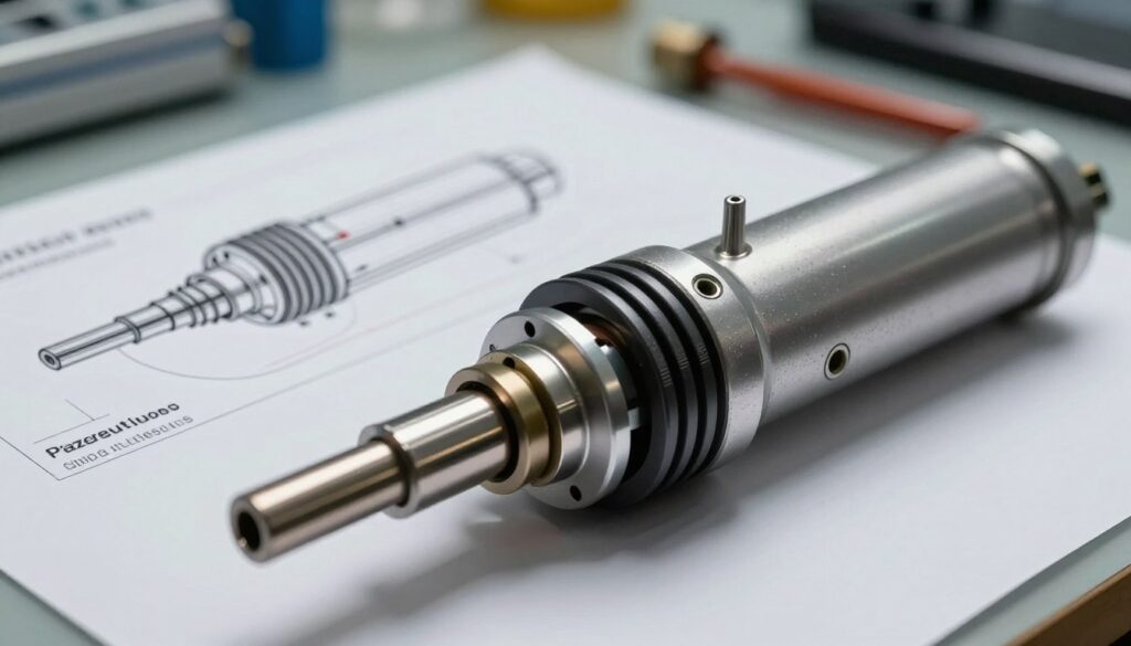 A detailed close-up of a piezoelectric injector, showcasing its intricate design and technology. The foreground features the injector's components, including the piezoelectric actuators and nozzle, rendered in metallic textures with emphasis on precision engineering. The middle ground transitions to a technical diagram overlay, illustrating the differences between electromagnetic and piezoelectric technologies. In the background, a softly lit workbench with tools and schematics enhances the technical environment. The setting is illuminated with soft, diffuse lighting to emphasize the details without harsh shadows. The overall mood conveys a sense of innovation and precision engineering, suitable for a technical article on automotive technologies.