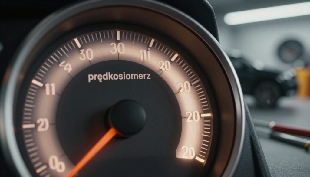 A detailed close-up of a speedometer ("prędkościomierz") showcasing the intricate internal mechanics. The foreground features the speedometer dial with clear, precise markings indicating speed, illuminated with soft, warm backlighting. Create a dynamic scene highlighting the needle in motion, pointing towards higher speeds, suggesting a correlation with wheel size. In the middle ground, include a blurred silhouette of a vehicle in profile view, with slightly larger wheels, implying the article's focus on wheel diameter effects. In the background, suggest a modern, softly lit workshop environment, accentuating the technical mood, with tools and equipment slightly out of focus. Use a shallow depth of field to draw attention to the speedometer while maintaining a sense of depth and intrigue in the surrounding elements. A detailed close-up of a speedometer ("prędkościomierz") showcasing the intricate internal mechanics. The foreground features the speedometer dial with clear, precise markings indicating speed, illuminated with soft, warm backlighting. Create a dynamic scene highlighting the needle in motion, pointing towards higher speeds, suggesting a correlation with wheel size. In the middle ground, include a blurred silhouette of a vehicle in profile view, with slightly larger wheels, implying the article's focus on wheel diameter effects. In the background, suggest a modern, softly lit workshop environment, accentuating the technical mood, with tools and equipment slightly out of focus. Use a shallow depth of field to draw attention to the speedometer while maintaining a sense of depth and intrigue in the surrounding elements.