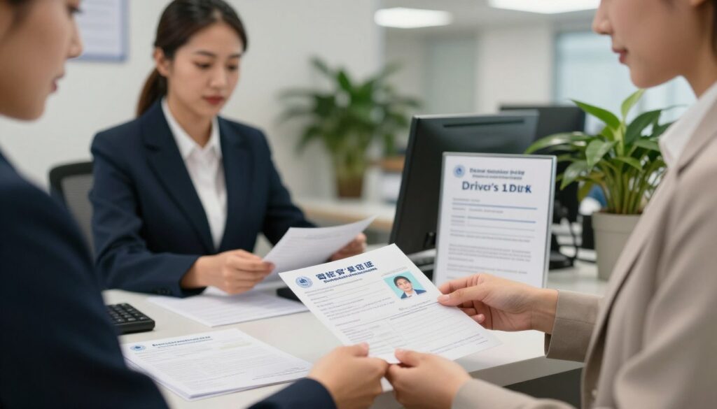 A detailed close-up of an official document exchange desk at a government office, showcasing a neatly arranged set of paperwork for a driver's license application. In the foreground, a woman in professional attire, focused and engaged, is handing over identification documents to a government clerk behind the counter. The clerk, dressed in professional business clothing, is reviewing the papers thoughtfully. The middle ground features a prominently displayed sign indicating fees associated with issuing a new driver's license, set against a backdrop of indoor plants and a softly lit office environment. Bright but soft overhead lighting creates a welcoming atmosphere, emphasizing the importance of the transaction. The perspective captures both the individuals and the desk, making the scene relatable and informative, with a warm, professional mood. A detailed close-up of an official document exchange desk at a government office, showcasing a neatly arranged set of paperwork for a driver's license application. In the foreground, a woman in professional attire, focused and engaged, is handing over identification documents to a government clerk behind the counter. The clerk, dressed in professional business clothing, is reviewing the papers thoughtfully. The middle ground features a prominently displayed sign indicating fees associated with issuing a new driver's license, set against a backdrop of indoor plants and a softly lit office environment. Bright but soft overhead lighting creates a welcoming atmosphere, emphasizing the importance of the transaction. The perspective captures both the individuals and the desk, making the scene relatable and informative, with a warm, professional mood.