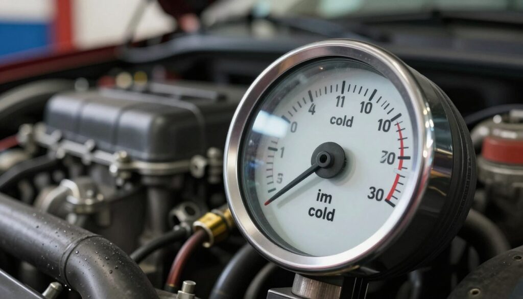 A detailed close-up view of a car engine temperature gauge, featuring a classic circular design with a clear glass cover and marked temperature indicators. The gauge needle is pointing towards the 'cold' zone, reflecting potential thermostat failure. The foreground includes glistening engine components, while the middle ground showcases the intricacies of the engine itself, with visible hoses and wiring for added technical realism. In the background, blurred automotive workshop elements create a sense of depth and context. The lighting is soft, highlighting the sheen of the metal and glass, capturing an atmosphere of inspection and diligence, reminiscent of a mechanic’s workspace. The perspective is slightly angled, drawing attention to the gauge while retaining the industrial environment feel.