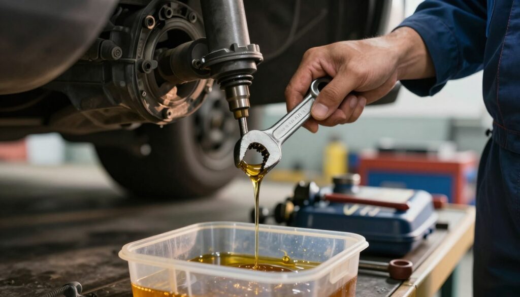 A detailed close-up view of a mechanic's hand holding a wrench as it prepares to unscrew a drain plug from a car's transmission oil pan. The focus is on the glistening oil, catching the light as it slowly drips into a clean, transparent drainage container below. In the background, blurred tools and car parts create a workshop atmosphere, illuminated by warm overhead lighting that casts gentle shadows. The mechanic is wearing professional business attire, emphasizing a safe and methodical environment. The image conveys a sense of diligence and focus, highlighting the importance of safely draining used transmission oil. The overall mood is professional and informative, suitable for an instructional article. A detailed close-up view of a mechanic's hand holding a wrench as it prepares to unscrew a drain plug from a car's transmission oil pan. The focus is on the glistening oil, catching the light as it slowly drips into a clean, transparent drainage container below. In the background, blurred tools and car parts create a workshop atmosphere, illuminated by warm overhead lighting that casts gentle shadows. The mechanic is wearing professional business attire, emphasizing a safe and methodical environment. The image conveys a sense of diligence and focus, highlighting the importance of safely draining used transmission oil. The overall mood is professional and informative, suitable for an instructional article.