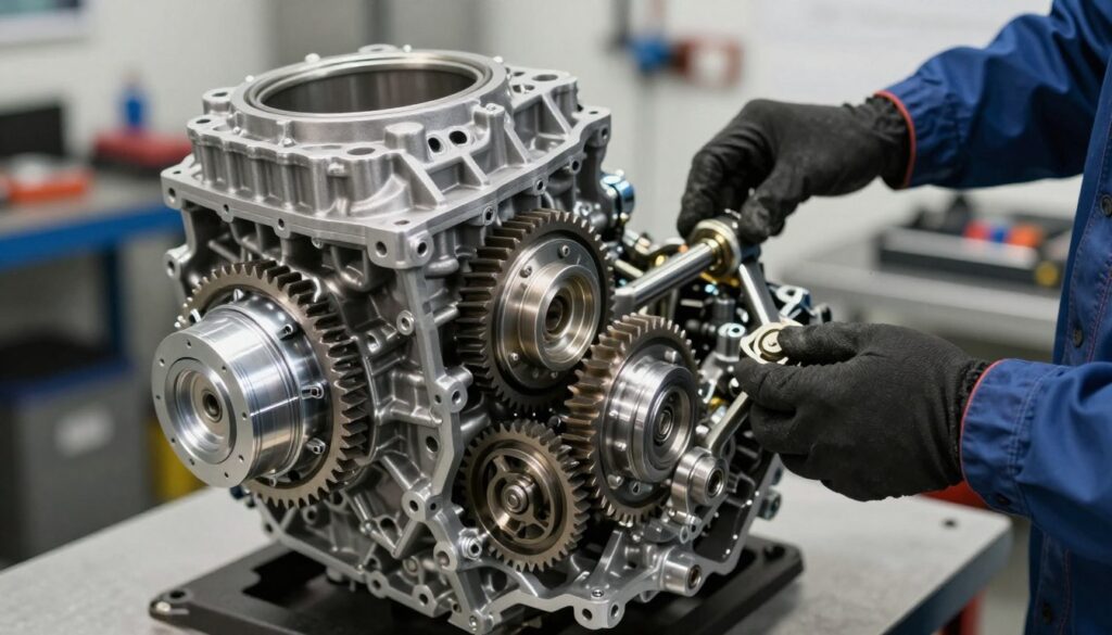 A detailed, close-up view of an automatic transmission gearbox from an Audi Q7, showcasing its intricate parts such as gears, pistons, and electronic components. The foreground captures the shiny, metallic textures and complex engineering of the gearbox, highlighting features like the oil pan, shift mechanism, and connecting rods. In the middle ground, a mechanic's hand in a professional work glove gently examines a section of the gearbox, emphasizing the automotive craftsmanship. The background is softly blurred, featuring a clean, well-lit workshop environment with tools and equipment subtly visible. The lighting is bright and focused, creating a precise and informative atmosphere, ideal for educating readers about the condition and intricacies of automatic transmissions.