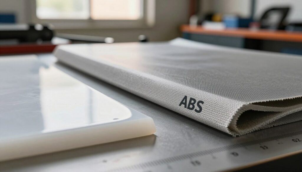 A detailed comparison image showcasing ABS plastic and fiberglass materials side by side, emphasizing their textures and properties. In the foreground, place a smooth, glossy piece of ABS plastic with a sleek finish, and next to it, a textured fiberglass layer showcasing its woven fabric and matte surface. The middle ground should feature a subtle scale or ruler measuring both materials, exemplifying their thickness and flexibility. In the background, a softly blurred automotive workshop environment with tools and equipment, illuminated by warm, natural light, creates a professional ambiance. Use a low-angle perspective to give depth, ensuring the materials are the focal points, reflecting a technical yet accessible atmosphere suitable for an automotive context. A detailed comparison image showcasing ABS plastic and fiberglass materials side by side, emphasizing their textures and properties. In the foreground, place a smooth, glossy piece of ABS plastic with a sleek finish, and next to it, a textured fiberglass layer showcasing its woven fabric and matte surface. The middle ground should feature a subtle scale or ruler measuring both materials, exemplifying their thickness and flexibility. In the background, a softly blurred automotive workshop environment with tools and equipment, illuminated by warm, natural light, creates a professional ambiance. Use a low-angle perspective to give depth, ensuring the materials are the focal points, reflecting a technical yet accessible atmosphere suitable for an automotive context.