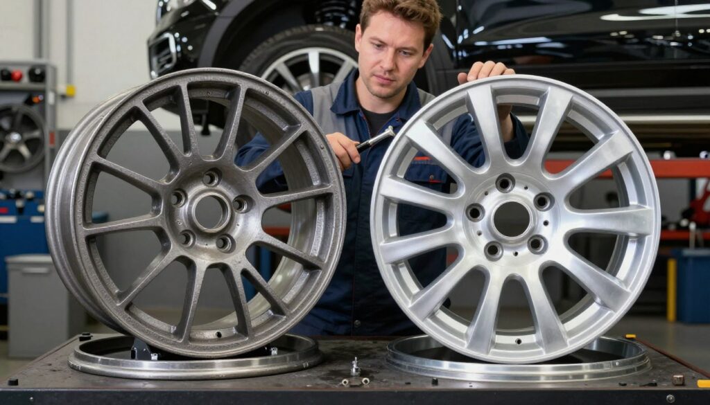 A detailed comparison image showcasing the differences in mounting steel and aluminum wheels. In the foreground, display two sets of wheels side by side: one set of steel wheels with a rugged texture and a matte finish, and one set of aluminum wheels with a polished, shiny surface. The middle ground should feature an automotive technician demonstrating proper installation techniques, wearing professional attire, examining the features of each wheel type. The background includes a well-lit garage environment with tools and equipment, emphasizing a workshop atmosphere. Use soft lighting to highlight the metallic finishes of the wheels, and capture the scene from a slightly elevated angle for a comprehensive view. The overall mood should be informative and professional, conveying a sense of expertise in wheel mounting.