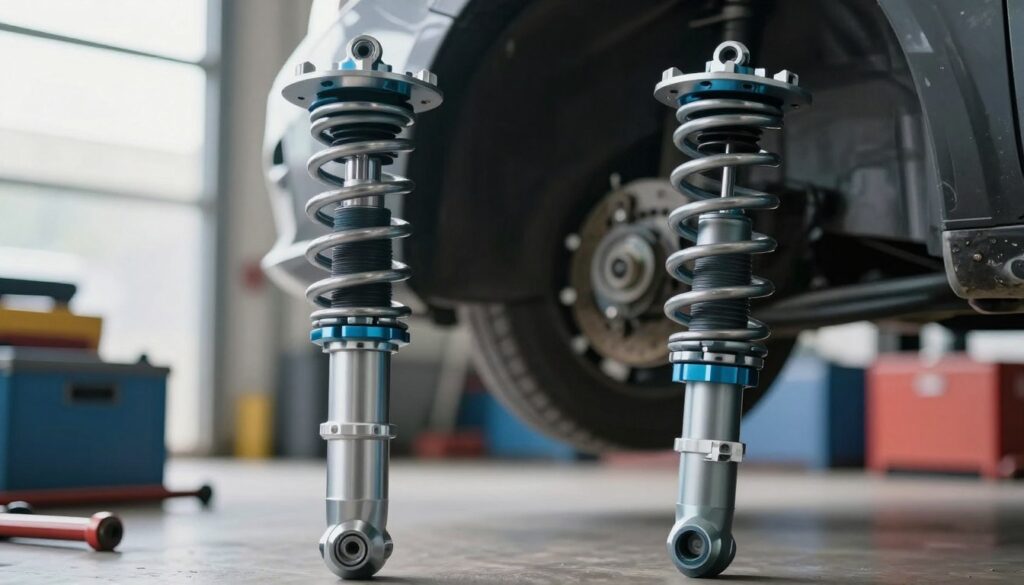 A detailed comparison of air and spring shock absorbers, showcasing the key differences in their design and functionality. In the foreground, prominently display a high-quality air shock absorber on the left, with its smooth, sleek appearance and visible air chamber. On the right, illustrate a traditional coil spring shock absorber, featuring spiraled metal coils and a robust structure. The middle ground should hint at a car chassis, partially visible to connect the components. In the background, create a soft-focus automotive workshop setting, featuring tools and equipment to enhance the automotive context. Use bright, natural lighting to accentuate the details of the components and convey a sense of clarity. Include a slight depth of field to draw focus to the shock absorbers, while maintaining a professional and informative atmosphere.