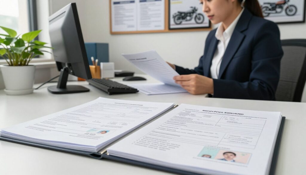 A detailed desk scene featuring a motorcycle registration office setting. In the foreground, an open file with neatly organized paperwork, showcasing various documents required for motorcycle registration, such as application forms and identification examples. The middle ground includes a professional-looking person in business attire, attentively reviewing documents at a desk, surrounded by a computer, office supplies, and a potted plant. The background displays a wall-mounted bulletin board with informational flyers and a framed photograph of vintage motorcycles. Soft, natural lighting enters through a nearby window, creating a calm, focused atmosphere. Capture the essence of official processes with a composition that emphasizes clarity and organization, while maintaining a professional tone.
