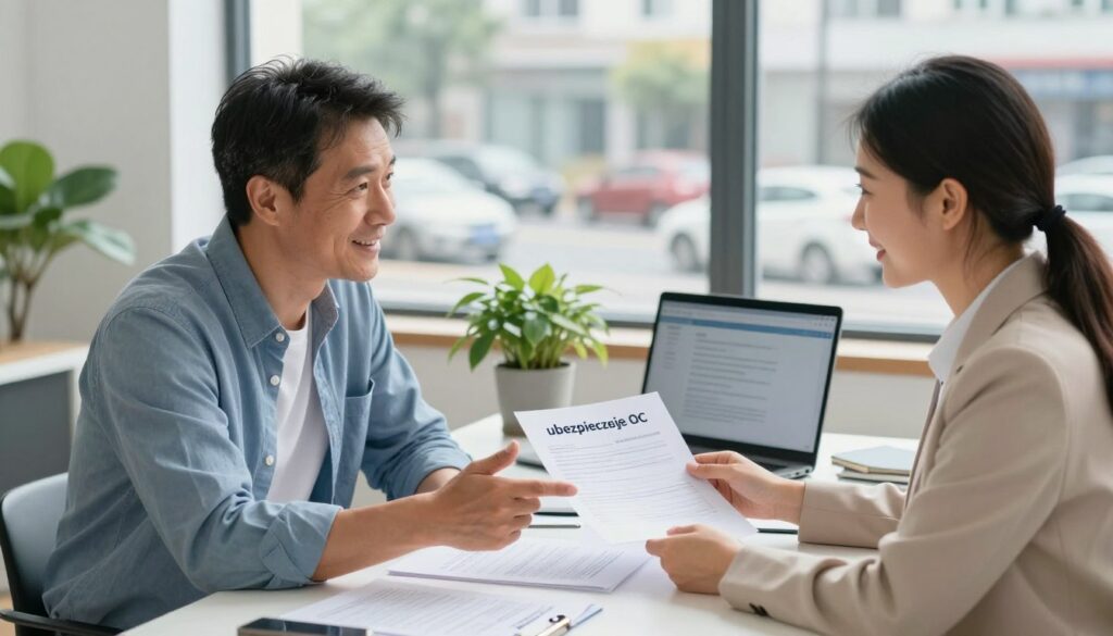 A detailed illustration depicting a professional vehicle insurance scenario focused on "ubezpieczenie OC". In the foreground, a confident, middle-aged man in smart casual attire is seen discussing insurance documents with a friendly insurance agent, both smiling and engaged in conversation. The middle layer features a neatly organized office setting, with a desk filled with insurance paperwork, a laptop, and a plant for a touch of greenery. In the background, a large window reveals a busy city street with cars, hinting at the importance of vehicle insurance. The lighting is bright and natural, optimizing visibility to create a positive, professional atmosphere. The composition is balanced with a depth of field that keeps the focus on the individuals while softly blurring the background. A detailed illustration depicting a professional vehicle insurance scenario focused on "ubezpieczenie OC". In the foreground, a confident, middle-aged man in smart casual attire is seen discussing insurance documents with a friendly insurance agent, both smiling and engaged in conversation. The middle layer features a neatly organized office setting, with a desk filled with insurance paperwork, a laptop, and a plant for a touch of greenery. In the background, a large window reveals a busy city street with cars, hinting at the importance of vehicle insurance. The lighting is bright and natural, optimizing visibility to create a positive, professional atmosphere. The composition is balanced with a depth of field that keeps the focus on the individuals while softly blurring the background.