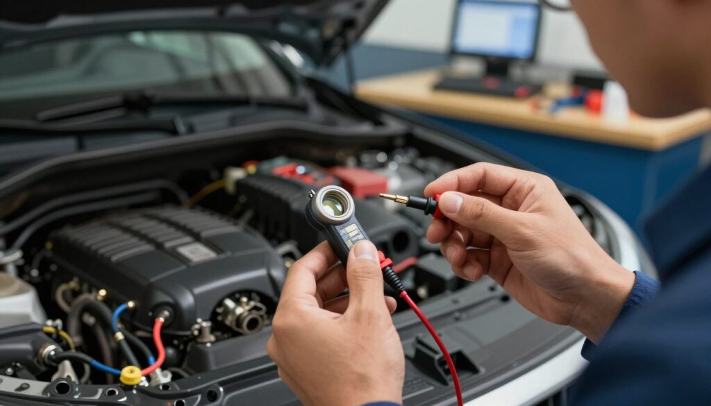 A detailed illustration depicting common mistakes during the calibration of throttle position sensors. In the foreground, showcase a close-up of a technician's hands holding a throttle position sensor, examining it with a multimeter. The middle layer features a rear view of an engine bay with visible wiring and parts related to the sensor, emphasizing the technical intricacies. In the background, incorporate a blurred workspace with tools and diagnostic equipment, giving a professional atmosphere. Use dramatic lighting to highlight the sensor while keeping the background slightly dim, creating a focused mood. The lens should simulate a macro shot, enhancing the details on the sensor and tools. Ensure the technician is dressed in a professional business attire, depicting industry standards. The composition conveys a sense of precision and expertise in automotive repair.