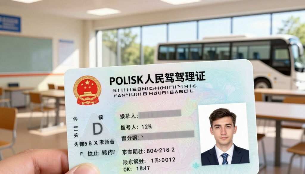 A detailed illustration of a Polish category D driver's license, prominently displayed in the foreground. The license features a realistic design with a clear layout, including official seals, personal information sections, and a photo of a professional-looking individual in business attire. The middle ground shows a contemporary driving school environment, with a smart classroom setup and a parked bus visible through a large window. The background captures a bright, sunny day outside, enhancing the positive atmosphere of learning and growth. Soft natural lighting illuminates the scene, creating a warm, inviting mood. Emphasize clarity and realism in the layout of the license and the educational setting, ensuring all elements are safe for work and appropriate.