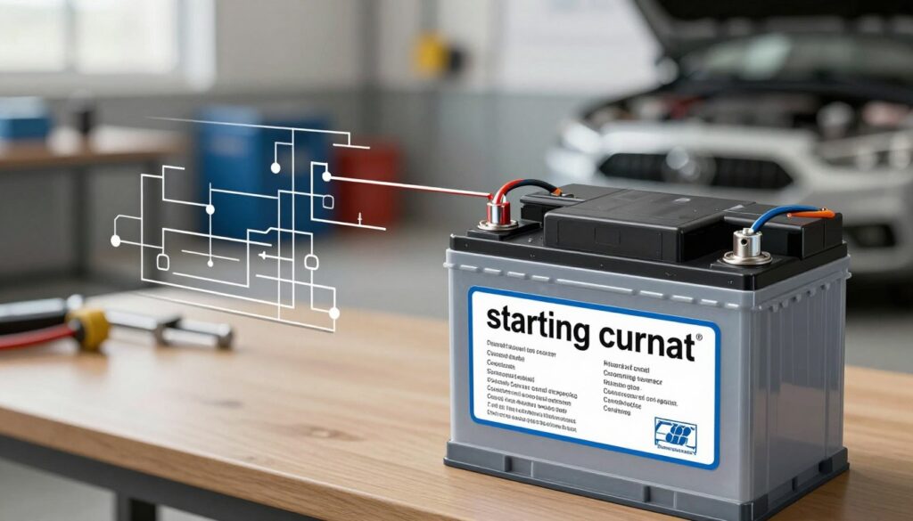 A detailed illustration of a car battery's starting current, showcasing the battery itself prominently in the foreground. The battery should be depicted with clear labels indicating electrical specifications like voltage and capacity, emphasizing the concept of "starting current." In the middle ground, include a stylized circuit diagram that illustrates how current flows from the battery to various components of a vehicle. In the background, create an automotive workshop environment with tools and equipment subtly blurred, enhancing the focus on the battery. Use soft, diffused lighting to create a professional, informative mood, while employing a slight overhead angle to capture the battery's details effectively. The overall atmosphere should feel technical and engaging, inviting the viewer to learn about battery specifications. A detailed illustration of a car battery's starting current, showcasing the battery itself prominently in the foreground. The battery should be depicted with clear labels indicating electrical specifications like voltage and capacity, emphasizing the concept of "starting current." In the middle ground, include a stylized circuit diagram that illustrates how current flows from the battery to various components of a vehicle. In the background, create an automotive workshop environment with tools and equipment subtly blurred, enhancing the focus on the battery. Use soft, diffused lighting to create a professional, informative mood, while employing a slight overhead angle to capture the battery's details effectively. The overall atmosphere should feel technical and engaging, inviting the viewer to learn about battery specifications.