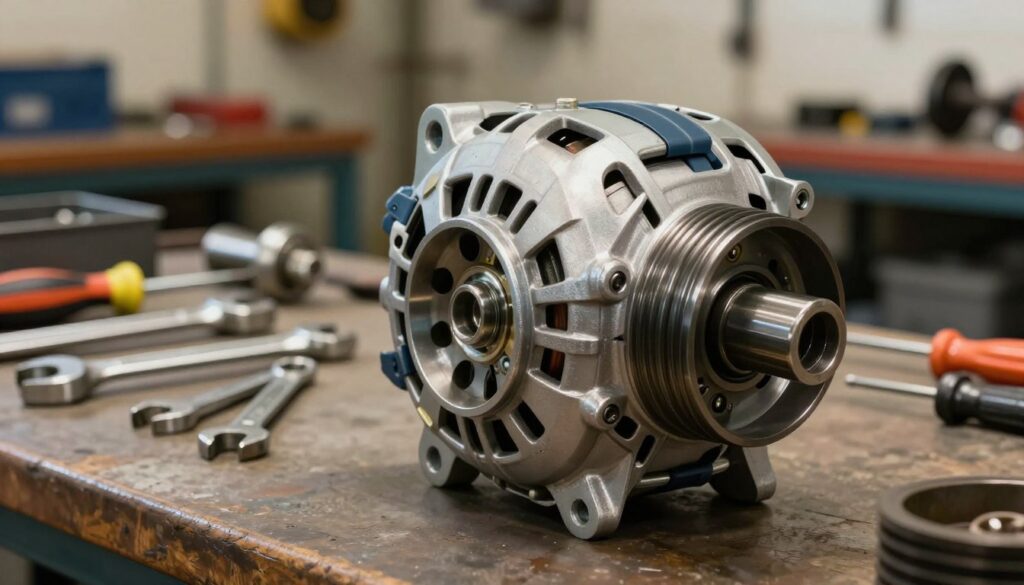 A detailed illustration of an alternator pulley in a workshop setting. In the foreground, the pulley is prominently displayed, showcasing its intricate grooves and metallic texture, with shafts and bolts clearly visible. The metallic surface reflects soft overhead lighting, creating a realistic sheen. In the middle ground, an assortment of hand tools, such as wrenches and screwdrivers, is arranged neatly, hinting at a maintenance task underway. The background features a blurred workbench with various automotive parts and a softly lit garage ambiance, enhancing the industrial atmosphere. The image conveys a sense of focused professionalism, with warm lighting creating an inviting yet task-oriented environment, ideal for DIY auto repairs. A detailed illustration of an alternator pulley in a workshop setting. In the foreground, the pulley is prominently displayed, showcasing its intricate grooves and metallic texture, with shafts and bolts clearly visible. The metallic surface reflects soft overhead lighting, creating a realistic sheen. In the middle ground, an assortment of hand tools, such as wrenches and screwdrivers, is arranged neatly, hinting at a maintenance task underway. The background features a blurred workbench with various automotive parts and a softly lit garage ambiance, enhancing the industrial atmosphere. The image conveys a sense of focused professionalism, with warm lighting creating an inviting yet task-oriented environment, ideal for DIY auto repairs.