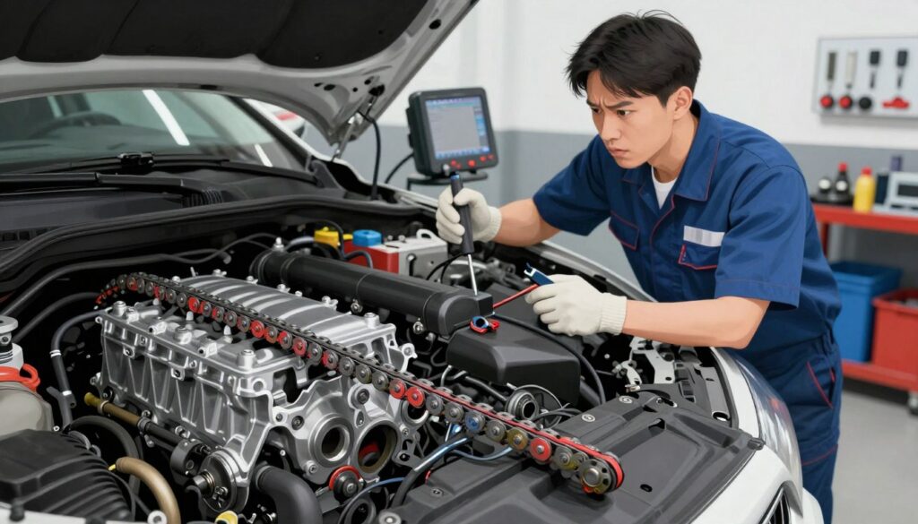 A detailed illustration showcasing the risks associated with continued vehicle operation due to a loose timing chain. In the foreground, a close-up view of a car's engine with a visibly loose timing chain, highlighted with vibrant colors to emphasize its wear and potential failure. The middle ground features a mechanic in professional attire examining the engine, using tools and a diagnostic device, with a concerned expression. The background includes a well-lit, modern garage setting with tools and car parts organized neatly. The lighting is bright and focused, enhancing the technical details and creating a sense of urgency. The overall atmosphere is serious and informative, aiming to communicate the potential dangers of neglecting engine maintenance. A detailed illustration showcasing the risks associated with continued vehicle operation due to a loose timing chain. In the foreground, a close-up view of a car's engine with a visibly loose timing chain, highlighted with vibrant colors to emphasize its wear and potential failure. The middle ground features a mechanic in professional attire examining the engine, using tools and a diagnostic device, with a concerned expression. The background includes a well-lit, modern garage setting with tools and car parts organized neatly. The lighting is bright and focused, enhancing the technical details and creating a sense of urgency. The overall atmosphere is serious and informative, aiming to communicate the potential dangers of neglecting engine maintenance.
