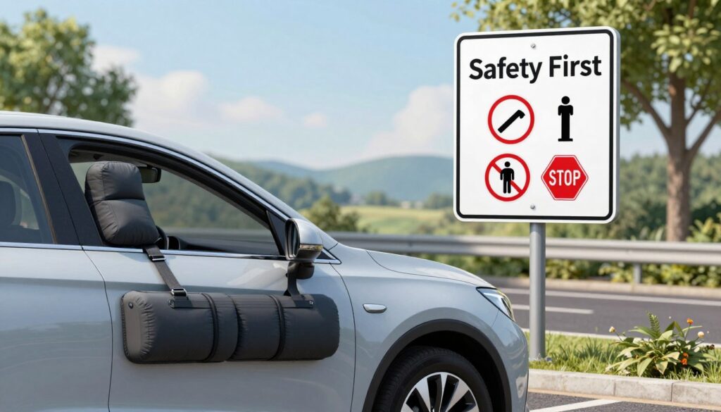 A detailed illustration showing the technical aspects of vehicle safety and definitions. In the foreground, a modern vehicle, showcasing its features like airbags, seat belts, and anti-lock brakes, positioned at a slight angle to highlight its sleek design. The middle ground displays a clear road sign indicating "Safety First" with a set of traffic rules depicted as icons around it, such as a speed limit sign and a stop sign. In the background, a serene road environment with trees and distant hills under a soft blue sky, providing an inviting atmosphere. The lighting is bright and natural, enhancing clarity and focus on the vehicle and symbols. The mood is educational and professional, suitable for a driving safety context. A detailed illustration showing the technical aspects of vehicle safety and definitions. In the foreground, a modern vehicle, showcasing its features like airbags, seat belts, and anti-lock brakes, positioned at a slight angle to highlight its sleek design. The middle ground displays a clear road sign indicating "Safety First" with a set of traffic rules depicted as icons around it, such as a speed limit sign and a stop sign. In the background, a serene road environment with trees and distant hills under a soft blue sky, providing an inviting atmosphere. The lighting is bright and natural, enhancing clarity and focus on the vehicle and symbols. The mood is educational and professional, suitable for a driving safety context.