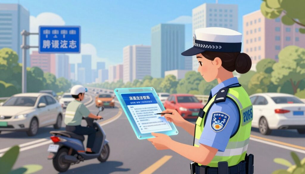 A detailed illustration showing the theme of road law changes in 2026. In the foreground, depict a professional-looking female traffic officer in a crisp uniform, examining a transparent digital screen displaying road law updates and changes for the upcoming year. In the middle ground, an array of diverse vehicles, including cars and motorcycles, symbolizes varying road users impacted by these changes. The background features a modern city skyline with road signs highlighting upcoming regulations, set against a bright, clear blue sky to create an optimistic atmosphere. The lighting is bright with natural sunlight streaming down, symbolizing transparency in law enforcement. The scene should evoke a sense of progress and community awareness in road safety. A detailed illustration showing the theme of road law changes in 2026. In the foreground, depict a professional-looking female traffic officer in a crisp uniform, examining a transparent digital screen displaying road law updates and changes for the upcoming year. In the middle ground, an array of diverse vehicles, including cars and motorcycles, symbolizes varying road users impacted by these changes. The background features a modern city skyline with road signs highlighting upcoming regulations, set against a bright, clear blue sky to create an optimistic atmosphere. The lighting is bright with natural sunlight streaming down, symbolizing transparency in law enforcement. The scene should evoke a sense of progress and community awareness in road safety.