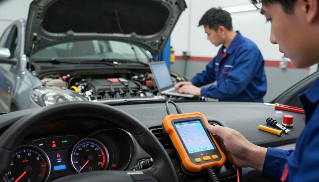 A detailed image illustrating common symptoms of a damaged engine control unit for an Opel vehicle. In the foreground, display a close-up of a dashboard with warning lights illuminated, such as the check engine and oil pressure lights, accompanied by an OBD-II scanner showing error codes. In the middle ground, depict a mechanic in professional attire examining an engine with a laptop, surrounded by tools and spare parts, indicating diagnostics in progress. The background should show a garage setting with an Opel vehicle on a lift, bright fluorescent lighting enhancing the technical atmosphere. Ensure the scene conveys urgency and professionalism, with a focus on the chaotic yet essential nature of automotive repair. A detailed image illustrating common symptoms of a damaged engine control unit for an Opel vehicle. In the foreground, display a close-up of a dashboard with warning lights illuminated, such as the check engine and oil pressure lights, accompanied by an OBD-II scanner showing error codes. In the middle ground, depict a mechanic in professional attire examining an engine with a laptop, surrounded by tools and spare parts, indicating diagnostics in progress. The background should show a garage setting with an Opel vehicle on a lift, bright fluorescent lighting enhancing the technical atmosphere. Ensure the scene conveys urgency and professionalism, with a focus on the chaotic yet essential nature of automotive repair.