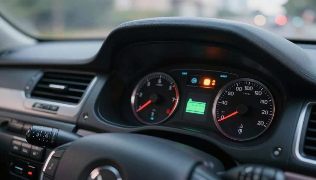 A detailed image of a car dashboard, prominently featuring a battery warning light illuminated, alongside a malfunctioning alternator gauge. In the foreground, there is a sleek, modern dashboard design with various control panels, dials, and buttons, arranged in an ergonomic layout. The middle ground emphasizes a clear view of the warning lights, with the battery and alternator indicators distinctly visible. The background softly fades into a blurred cityscape seen through the windshield, suggesting the vehicle is in motion. Natural and artificial lighting creates a realistic ambiance, with reflections on the dashboard glass highlighting the intricacies of the controls. The mood is tense yet informative, reflecting a moment of concern for the vehicle’s electrical system.