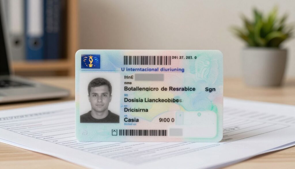 A detailed image of an international driver's license, visibly displayed against a clean, organized backdrop that suggests an office setting. In the foreground, the driver's license is prominently featured, showing its distinct features such as holograms, barcode, and personal identification details (blurred for privacy). The middle ground includes a blurred desk with neatly arranged documents, such as application forms and identification papers, suggesting the process of exchanging a foreign license for a Polish one. In the background, there is a softly lit room with shelves of legal books and a potted plant, creating a professional atmosphere. The lighting should be warm and inviting, with a focus on the license, to evoke a sense of importance and attention to detail. The overall mood is informative and helpful, reflecting a step-by-step approach to the task. A detailed image of an international driver's license, visibly displayed against a clean, organized backdrop that suggests an office setting. In the foreground, the driver's license is prominently featured, showing its distinct features such as holograms, barcode, and personal identification details (blurred for privacy). The middle ground includes a blurred desk with neatly arranged documents, such as application forms and identification papers, suggesting the process of exchanging a foreign license for a Polish one. In the background, there is a softly lit room with shelves of legal books and a potted plant, creating a professional atmosphere. The lighting should be warm and inviting, with a focus on the license, to evoke a sense of importance and attention to detail. The overall mood is informative and helpful, reflecting a step-by-step approach to the task.