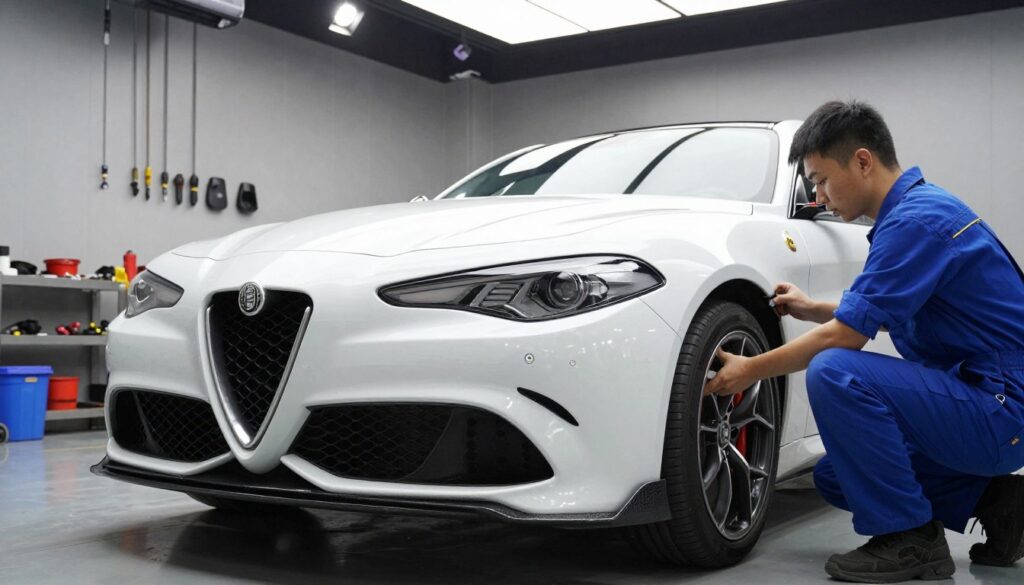 A detailed image showcasing the professional installation of an Alfa Romeo Giulia body kit in a modern automotive workshop. In the foreground, a skilled technician dressed in a blue jumpsuit carefully aligns the sleek, sporty body kit component onto the car, highlighting the precision and craftsmanship involved in tuning. The middle section features the sporty Alfa Romeo Giulia, its elegant curves accentuated by the new body kit, which includes an aggressive front splitter and rear diffuser. The background captures the workshop environment, filled with tools and equipment, illuminated by bright overhead lights that create a bustling, energetic atmosphere. The angle is slightly elevated, providing a clear view of both the installation process and the car, evoking a sense of professionalism and dedication to automotive excellence. A detailed image showcasing the professional installation of an Alfa Romeo Giulia body kit in a modern automotive workshop. In the foreground, a skilled technician dressed in a blue jumpsuit carefully aligns the sleek, sporty body kit component onto the car, highlighting the precision and craftsmanship involved in tuning. The middle section features the sporty Alfa Romeo Giulia, its elegant curves accentuated by the new body kit, which includes an aggressive front splitter and rear diffuser. The background captures the workshop environment, filled with tools and equipment, illuminated by bright overhead lights that create a bustling, energetic atmosphere. The angle is slightly elevated, providing a clear view of both the installation process and the car, evoking a sense of professionalism and dedication to automotive excellence.