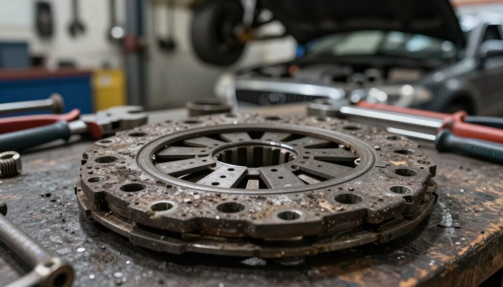 A detailed mechanic's workbench featuring a close-up of a worn-out clutch plate in the foreground, showcasing the signs of slippage such as friction markings and uneven wear. The middle ground includes tools like wrenches and pliers scattered around, symbolizing the urgency of a repair. In the background, a dimly lit garage setting with car parts hanging and an open hood can be seen, creating a sense of mechanical work in progress. The lighting highlights the metallic textures and creates shadows that emphasize the clutch plate's condition. The atmosphere conveys tension and the need for automotive attention, aligning with the theme of car maintenance and malfunction diagnosis. A detailed mechanic's workbench featuring a close-up of a worn-out clutch plate in the foreground, showcasing the signs of slippage such as friction markings and uneven wear. The middle ground includes tools like wrenches and pliers scattered around, symbolizing the urgency of a repair. In the background, a dimly lit garage setting with car parts hanging and an open hood can be seen, creating a sense of mechanical work in progress. The lighting highlights the metallic textures and creates shadows that emphasize the clutch plate's condition. The atmosphere conveys tension and the need for automotive attention, aligning with the theme of car maintenance and malfunction diagnosis.