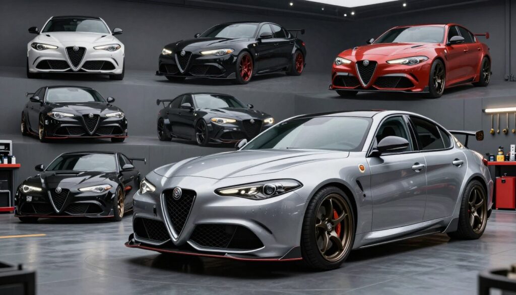 A detailed overview of various body modifications for the Alfa Romeo Giulia, showcasing a range of tuning kits and enhancements. In the foreground, feature a sleek, sporty Alfa Romeo Giulia with an aggressive body kit that includes a sculpted front bumper, extended side skirts, and a dynamic rear spoiler. In the middle ground, display different body modification options, such as custom hoods, wider fenders, and unique paint schemes, arranged artistically around the car. The background should feature an automotive workshop setting, with tools and equipment subtly illuminated by soft overhead lighting. Capture the mood of sophistication and sportiness, with a slight low-angle perspective to emphasize the vehicle’s sleek lines. Ensure that the image reflects a professional, polished feel, suitable for a high-quality automotive article. A detailed overview of various body modifications for the Alfa Romeo Giulia, showcasing a range of tuning kits and enhancements. In the foreground, feature a sleek, sporty Alfa Romeo Giulia with an aggressive body kit that includes a sculpted front bumper, extended side skirts, and a dynamic rear spoiler. In the middle ground, display different body modification options, such as custom hoods, wider fenders, and unique paint schemes, arranged artistically around the car. The background should feature an automotive workshop setting, with tools and equipment subtly illuminated by soft overhead lighting. Capture the mood of sophistication and sportiness, with a slight low-angle perspective to emphasize the vehicle’s sleek lines. Ensure that the image reflects a professional, polished feel, suitable for a high-quality automotive article.