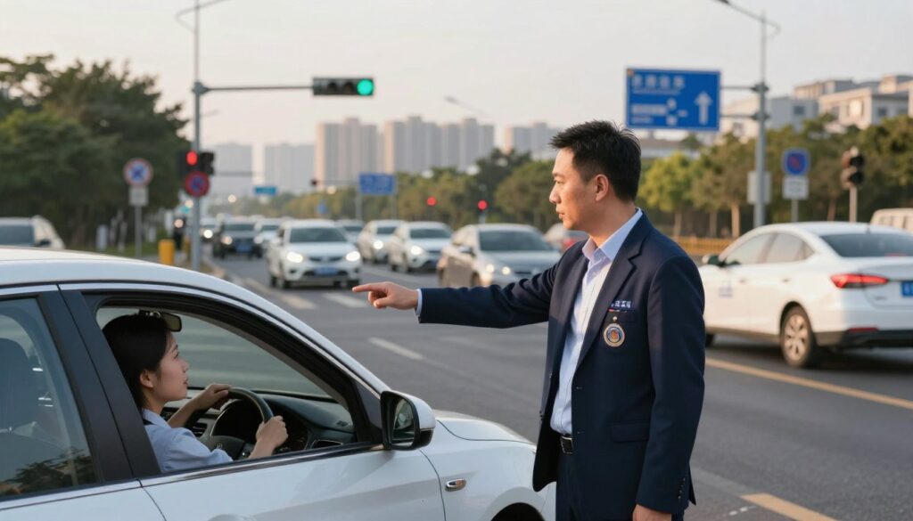 A detailed scene depicting a busy urban intersection illustrating road traffic regulations and heightened risk situations. In the foreground, a professional-looking driving instructor in smart casual attire gestures towards a student driver in a modern car, clearly explaining safety measures. In the middle ground, various road signs, traffic lights, and vehicles maneuvering cautiously add depth to the composition. The background features a city skyline under an afternoon sky, bathed in warm sunlight, enhancing the sense of activity and urgency. The overall mood is informative and focused, capturing the essence of road safety education. A shallow depth of field keeps attention on the instructor and student, while soft shadows create a realistic urban atmosphere. A detailed scene depicting a busy urban intersection illustrating road traffic regulations and heightened risk situations. In the foreground, a professional-looking driving instructor in smart casual attire gestures towards a student driver in a modern car, clearly explaining safety measures. In the middle ground, various road signs, traffic lights, and vehicles maneuvering cautiously add depth to the composition. The background features a city skyline under an afternoon sky, bathed in warm sunlight, enhancing the sense of activity and urgency. The overall mood is informative and focused, capturing the essence of road safety education. A shallow depth of field keeps attention on the instructor and student, while soft shadows create a realistic urban atmosphere.