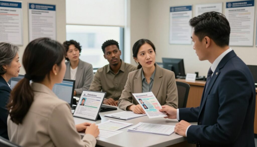 A detailed scene depicting a government office interior focused on issuing driver's licenses. In the foreground, a professional-looking male official, dressed in a suit, is consulting with a diverse group of applicants, representing various ages and backgrounds, all in modest business attire. The middle of the image features a sleek counter cluttered with driver’s license applications, forms, and identification documents. In the background, a large window allows soft natural light to illuminate the space, creating a warm and welcoming atmosphere. The office walls are lined with informational posters about specific cases for issuing licenses. The overall mood is professional, informative, and focused on assisting individuals with their unique licensing situations. A detailed scene depicting a government office interior focused on issuing driver's licenses. In the foreground, a professional-looking male official, dressed in a suit, is consulting with a diverse group of applicants, representing various ages and backgrounds, all in modest business attire. The middle of the image features a sleek counter cluttered with driver’s license applications, forms, and identification documents. In the background, a large window allows soft natural light to illuminate the space, creating a warm and welcoming atmosphere. The office walls are lined with informational posters about specific cases for issuing licenses. The overall mood is professional, informative, and focused on assisting individuals with their unique licensing situations.