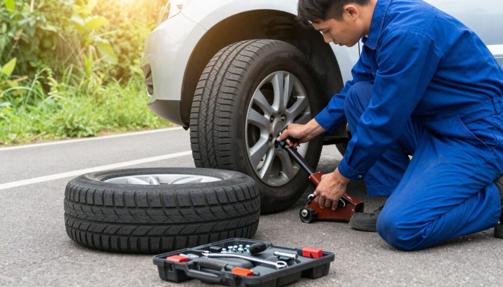 A detailed scene depicting a mechanic safely changing a car tire on a roadside. In the foreground, a focused mechanic in a blue jumpsuit kneels beside a car, using a jack to lift the vehicle. A brightly colored spare tire is visible, clearly showing the different tire patterns. In the middle ground, an organized tool kit lies open, with a wrench and lug nut remover prominently displayed. The background illustrates a peaceful rural road with lush greenery and gentle sunlight breaking through the trees, providing a calming ambiance. The lighting is soft yet bright, highlighting the action of tire changing. The angle of the shot is slightly elevated, giving a clear view of the entire scene. The mood is instructional and safe, conveying a sense of professionalism and care. A detailed scene depicting a mechanic safely changing a car tire on a roadside. In the foreground, a focused mechanic in a blue jumpsuit kneels beside a car, using a jack to lift the vehicle. A brightly colored spare tire is visible, clearly showing the different tire patterns. In the middle ground, an organized tool kit lies open, with a wrench and lug nut remover prominently displayed. The background illustrates a peaceful rural road with lush greenery and gentle sunlight breaking through the trees, providing a calming ambiance. The lighting is soft yet bright, highlighting the action of tire changing. The angle of the shot is slightly elevated, giving a clear view of the entire scene. The mood is instructional and safe, conveying a sense of professionalism and care.