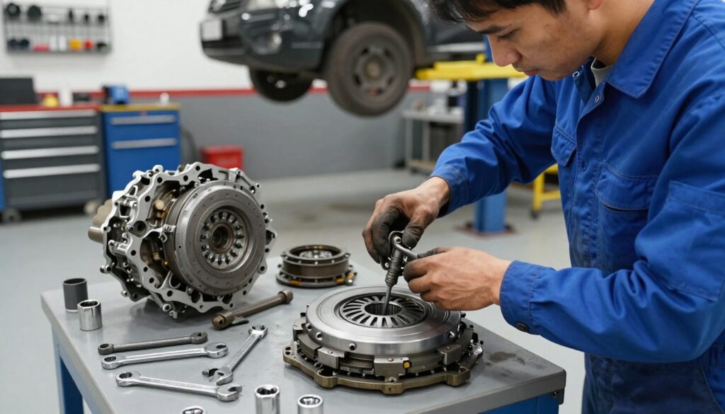 A detailed scene depicting a mechanic working on a car's clutch assembly in a well-lit garage environment. In the foreground, a mechanic in a blue jumpsuit is focused on removing the clutch housing, surrounded by various tools like wrenches and sockets. The middle ground includes a disassembled clutch kit laid out, with the pressure plate and clutch disc clearly visible. The background features a well-organized tool wall and a car supported by a hydraulic lift, suggesting a professional workshop setting. The lighting is bright and even, highlighting the intricacies of the clutch components, creating a clean and efficient atmosphere. The overall mood conveys professionalism and diligence in automotive repair. A detailed scene depicting a mechanic working on a car's clutch assembly in a well-lit garage environment. In the foreground, a mechanic in a blue jumpsuit is focused on removing the clutch housing, surrounded by various tools like wrenches and sockets. The middle ground includes a disassembled clutch kit laid out, with the pressure plate and clutch disc clearly visible. The background features a well-organized tool wall and a car supported by a hydraulic lift, suggesting a professional workshop setting. The lighting is bright and even, highlighting the intricacies of the clutch components, creating a clean and efficient atmosphere. The overall mood conveys professionalism and diligence in automotive repair.