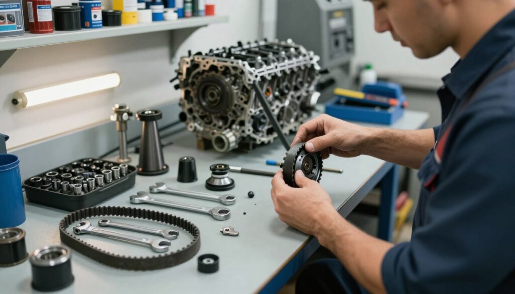 A detailed scene in an automotive workshop featuring a mechanic examining a disassembled engine of an Opel Vivaro 2.0 CDTI. In the foreground, the mechanic, clad in professional attire, meticulously inspects the timing belt and associated components, emphasizing the importance of part replacements. In the middle ground, a workbench is organized with essential tools like wrenches, socket sets, and replacement parts, including a new timing belt and tensioners. The background showcases shelves stocked with automotive parts and repair manuals, subtly illuminated by bright overhead lights, casting soft shadows. The overall atmosphere is informative and focused, with a touch of urgency reflecting the critical nature of maintenance costs associated with engine timing replacement. A detailed scene in an automotive workshop featuring a mechanic examining a disassembled engine of an Opel Vivaro 2.0 CDTI. In the foreground, the mechanic, clad in professional attire, meticulously inspects the timing belt and associated components, emphasizing the importance of part replacements. In the middle ground, a workbench is organized with essential tools like wrenches, socket sets, and replacement parts, including a new timing belt and tensioners. The background showcases shelves stocked with automotive parts and repair manuals, subtly illuminated by bright overhead lights, casting soft shadows. The overall atmosphere is informative and focused, with a touch of urgency reflecting the critical nature of maintenance costs associated with engine timing replacement.