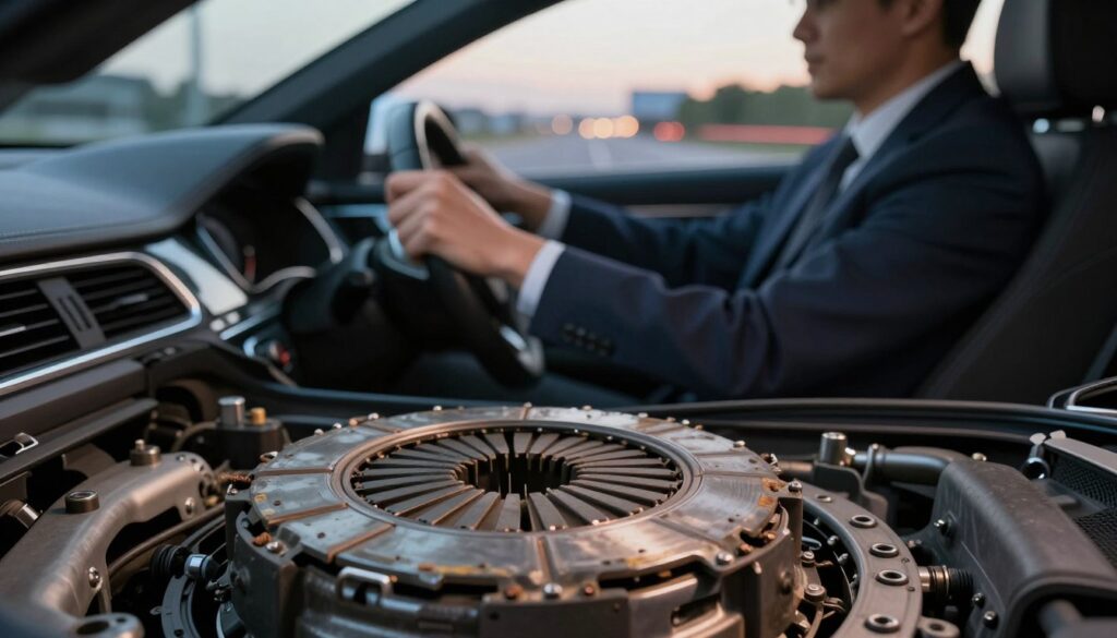 A detailed scene showcasing the impact of driving style on clutch longevity. In the foreground, a close-up of a vehicle's worn clutch parts, emphasizing frayed edges and discoloration to illustrate wear and tear. The middle ground features a modern car with a focus on the driver’s hands, showcasing professional attire, gripping the steering wheel firmly, demonstrating a mix of aggressive and cautious driving styles. The background presents a blurred cityscape during dusk, with lights illuminating the road, symbolizing the everyday driving environment. Soft lighting highlights the vehicle's interior, conveying a serious and informative atmosphere. The image should encapsulate both technical aspects of vehicle maintenance and the human element of driving behavior. A detailed scene showcasing the impact of driving style on clutch longevity. In the foreground, a close-up of a vehicle's worn clutch parts, emphasizing frayed edges and discoloration to illustrate wear and tear. The middle ground features a modern car with a focus on the driver’s hands, showcasing professional attire, gripping the steering wheel firmly, demonstrating a mix of aggressive and cautious driving styles. The background presents a blurred cityscape during dusk, with lights illuminating the road, symbolizing the everyday driving environment. Soft lighting highlights the vehicle's interior, conveying a serious and informative atmosphere. The image should encapsulate both technical aspects of vehicle maintenance and the human element of driving behavior.