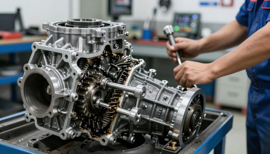 A detailed view of a manual transmission gearbox, prominently displayed in the foreground, showcasing its intricate components like gears, levers, and the casing. The gearbox is partially disassembled, revealing the inner workings that indicate wear and potential damage. In the middle ground, a professional mechanic's hands are skillfully positioned to operate the gear shifter, emphasizing movement and operation. The background features a well-lit automotive workshop environment, with tools and machinery subtly blurred to keep focus on the gearbox. The lighting is bright and clinical, highlighting metallic textures and any signs of wear, such as scratches or fluid leaks on the gearbox. The overall atmosphere conveys a sense of urgency and professionalism, suitable for diagnosing transmission issues.