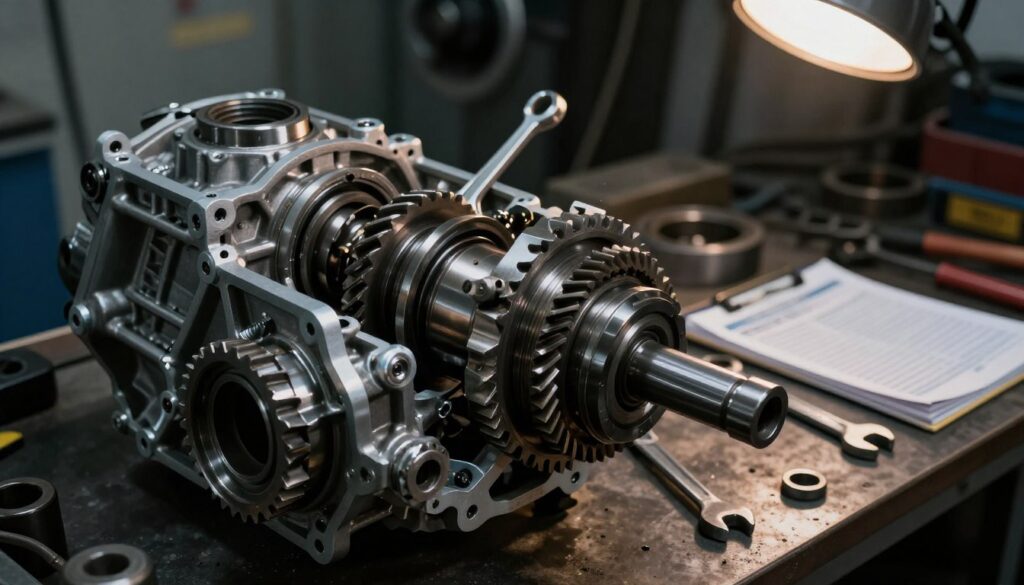 A detailed view of a manual transmission gearbox, showcasing its intricate components such as gears, shafts, and levers. The foreground features the gearbox partially disassembled, emphasizing the wear and tear on the gears. In the middle, include tools like wrenches and a mechanic's manual for context. The background should be a dimly lit workshop, with soft overhead lights casting dramatic shadows, enhancing the technical atmosphere. Capture the scene with a shallow depth of field to focus on the gearbox, giving it a professional and slightly moody vibe. The overall color palette should be metallic and dark, conveying a sense of machinery and complexity, suitable for illustrating signs of transmission issues.