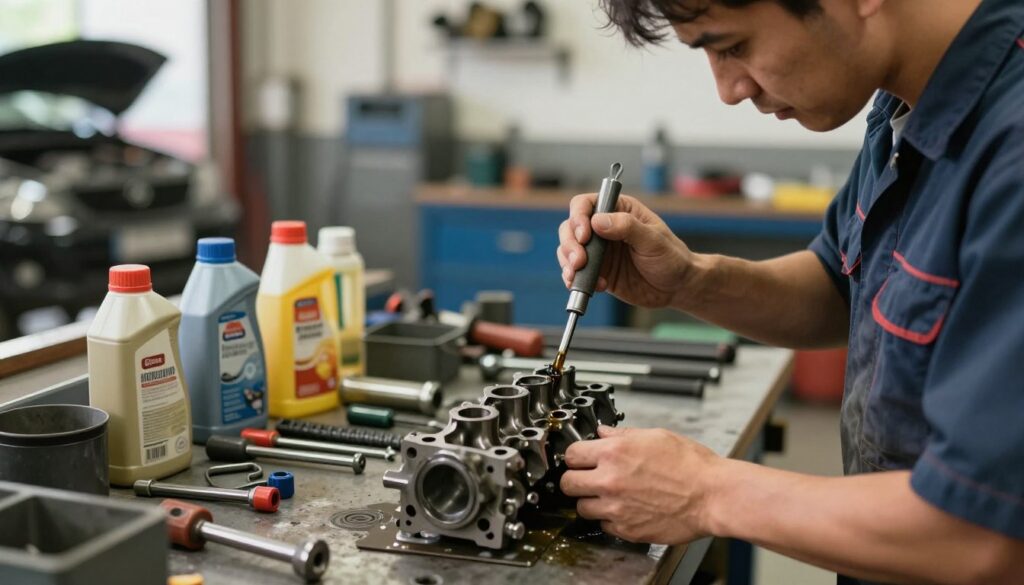 A detailed view of a mechanic carefully applying lubrication to a crankshaft in a spacious workshop. The foreground features the mechanic, dressed in professional work attire, focused on the crankshaft with a precision tool in hand. In the middle, an array of tools and lubricants are neatly organized on a workbench, showcasing the importance of proper maintenance. The background presents an organized garage, with vehicle parts and equipment subtly blurred to emphasize the task at hand. Soft, natural lighting creates a warm and industrious atmosphere, highlighting the glistening lubricant on the crankshaft. The camera angle captures the action at a slight elevation, conveying an insightful look into engine care and the significance of preventative maintenance in automotive engineering. A detailed view of a mechanic carefully applying lubrication to a crankshaft in a spacious workshop. The foreground features the mechanic, dressed in professional work attire, focused on the crankshaft with a precision tool in hand. In the middle, an array of tools and lubricants are neatly organized on a workbench, showcasing the importance of proper maintenance. The background presents an organized garage, with vehicle parts and equipment subtly blurred to emphasize the task at hand. Soft, natural lighting creates a warm and industrious atmosphere, highlighting the glistening lubricant on the crankshaft. The camera angle captures the action at a slight elevation, conveying an insightful look into engine care and the significance of preventative maintenance in automotive engineering.