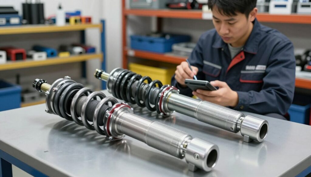 A detailed view of a pneumatic suspension system from an Audi Q7, showcasing its key components, such as the air springs, shock absorbers, and connecting struts, in a well-lit workshop environment. The foreground features a close-up of the suspension parts, with a polished metallic finish reflecting the light, highlighting their intricate design. In the middle, a technician in a professional outfit inspects the suspension components, using tools and a diagnostic device, conveying a sense of analysis and concern. The background includes shelves filled with automotive tools and spare parts, softly blurred to keep focus on the suspension. Overall, the atmosphere is serious and technical, emphasizing the importance of understanding suspension issues before purchasing a used vehicle.