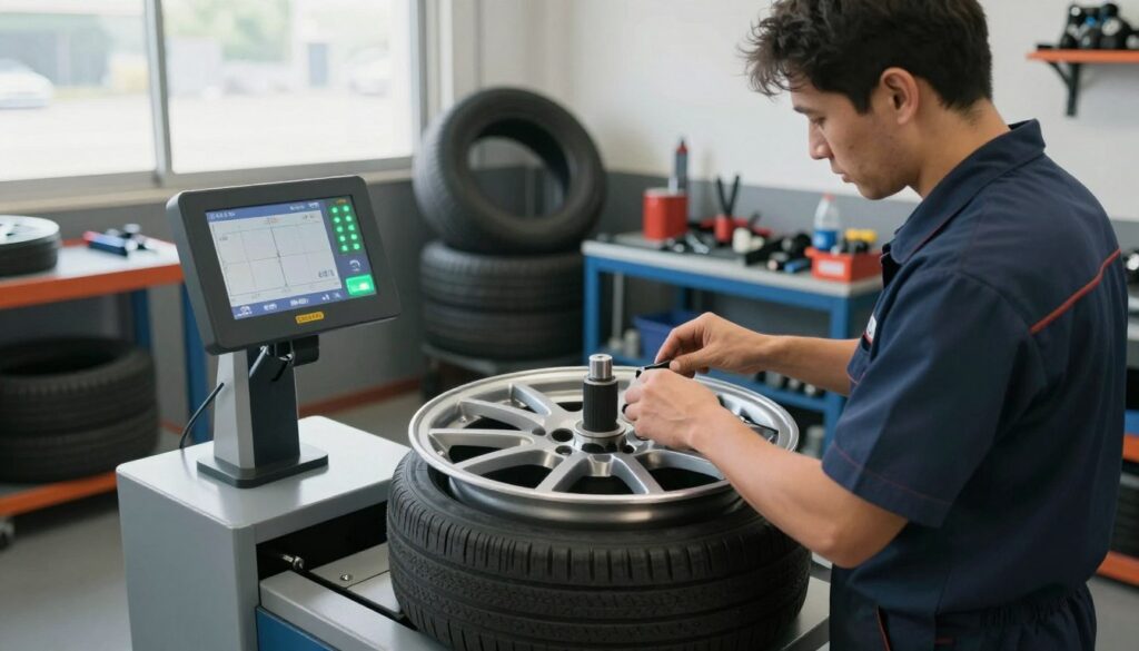 A detailed view of a professional wheel balancing setup in an automotive workshop. In the foreground, a modern, digital wheel balancer shows the wheel being placed on it, with bright LED indicators and measurement screens. In the middle, a technician in a professional uniform carefully adjusts weights on the wheel to achieve precision balance. The background features tools, spare tires, and an organized workshop environment, well-lit with natural light coming from large windows. The atmosphere conveys a sense of professionalism and efficiency, with a focus on the meticulous process of balancing wheels. The angle is slightly elevated, showcasing the equipment and the technician at work, emphasizing the importance of quality in automotive care. A detailed view of a professional wheel balancing setup in an automotive workshop. In the foreground, a modern, digital wheel balancer shows the wheel being placed on it, with bright LED indicators and measurement screens. In the middle, a technician in a professional uniform carefully adjusts weights on the wheel to achieve precision balance. The background features tools, spare tires, and an organized workshop environment, well-lit with natural light coming from large windows. The atmosphere conveys a sense of professionalism and efficiency, with a focus on the meticulous process of balancing wheels. The angle is slightly elevated, showcasing the equipment and the technician at work, emphasizing the importance of quality in automotive care.