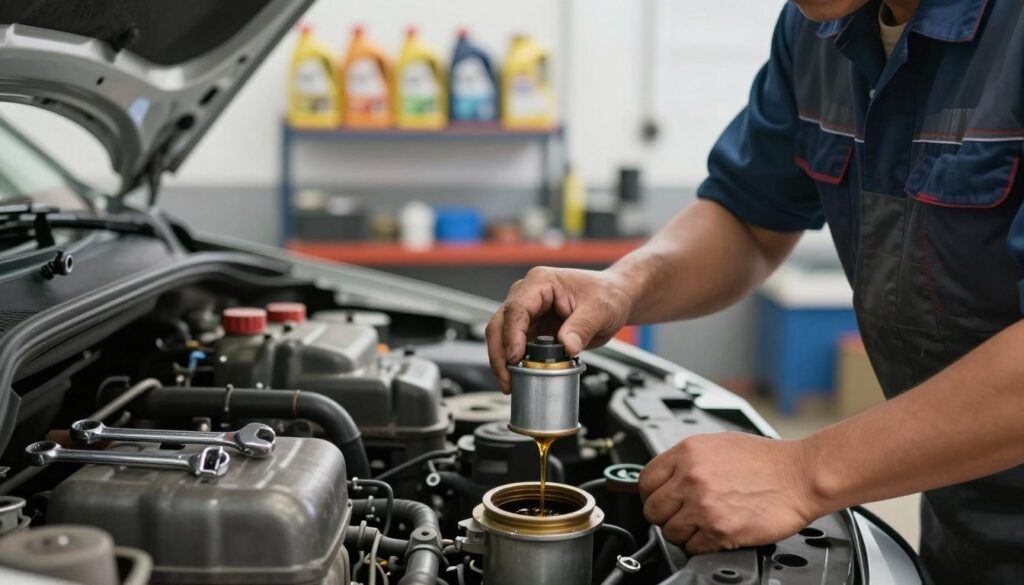 A detailed view of a vehicle's engine during an oil change, showcasing a mechanic in professional attire, focused on the task. In the foreground, a close-up of the oil filter being replaced, with oil dripping down, emphasizing the importance of maintenance. The middle ground features various tools scattered around, such as wrenches and a funnel, hinting at an organized workspace. In the background, a clean garage with proper lighting and an assortment of oil bottles on shelves. The atmosphere conveys a sense of diligence and technical expertise, with soft, diffused lighting creating a professional and focused mood. The angle highlights the mechanic's hands at work, ensuring clarity in the significance of regular oil changes. A detailed view of a vehicle's engine during an oil change, showcasing a mechanic in professional attire, focused on the task. In the foreground, a close-up of the oil filter being replaced, with oil dripping down, emphasizing the importance of maintenance. The middle ground features various tools scattered around, such as wrenches and a funnel, hinting at an organized workspace. In the background, a clean garage with proper lighting and an assortment of oil bottles on shelves. The atmosphere conveys a sense of diligence and technical expertise, with soft, diffused lighting creating a professional and focused mood. The angle highlights the mechanic's hands at work, ensuring clarity in the significance of regular oil changes.