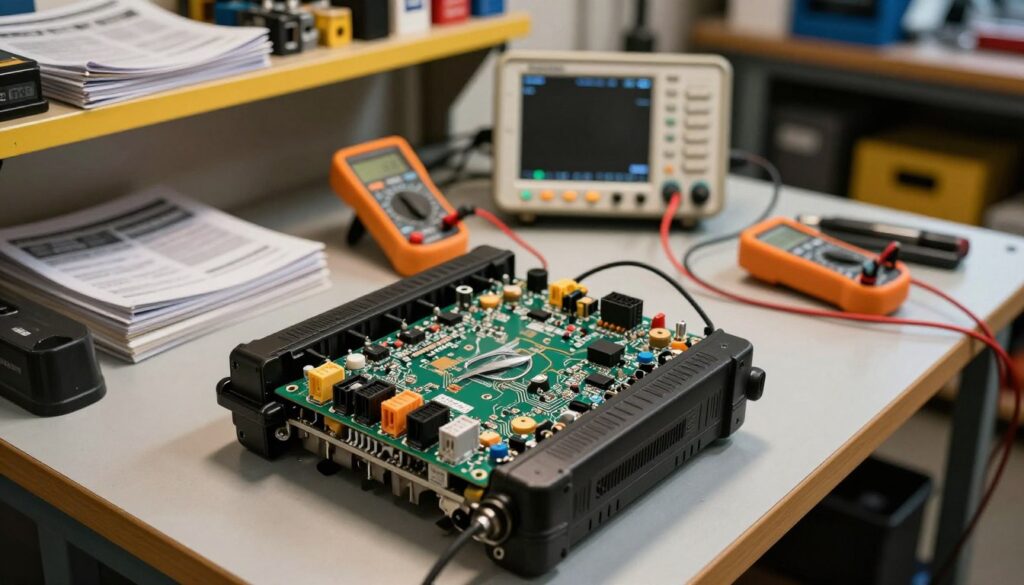 A detailed view of an Opel engine control unit (ECU) displayed on a workbench in a well-lit garage. The ECU is positioned prominently in the foreground, showcasing its complex circuit board with various connectors and sensors. In the middle ground, tools like a multimeter and oscilloscope are arranged neatly, emphasizing the diagnostic process. The background features shelves filled with automotive manuals and spare parts, adding a touch of realism to the scene. Soft, warm lighting enhances the technical details, creating a focused atmosphere of professional troubleshooting. The composition should convey a sense of confidence and expertise in diagnosing automotive issues. The perspective should be slightly overhead to capture the complexity of the ECU and tools effectively. A detailed view of an Opel engine control unit (ECU) displayed on a workbench in a well-lit garage. The ECU is positioned prominently in the foreground, showcasing its complex circuit board with various connectors and sensors. In the middle ground, tools like a multimeter and oscilloscope are arranged neatly, emphasizing the diagnostic process. The background features shelves filled with automotive manuals and spare parts, adding a touch of realism to the scene. Soft, warm lighting enhances the technical details, creating a focused atmosphere of professional troubleshooting. The composition should convey a sense of confidence and expertise in diagnosing automotive issues. The perspective should be slightly overhead to capture the complexity of the ECU and tools effectively.